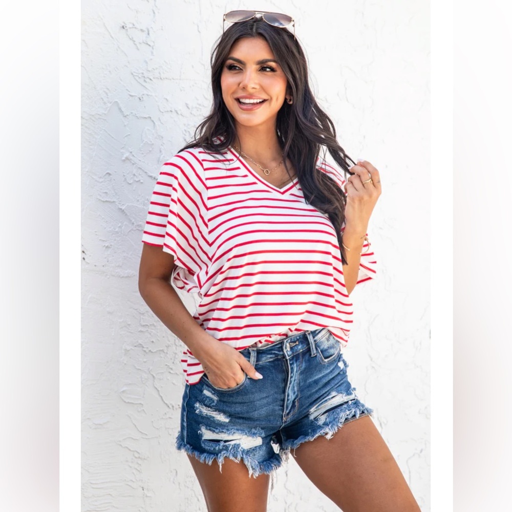 Red & White V Neck T-Shirt. NWT